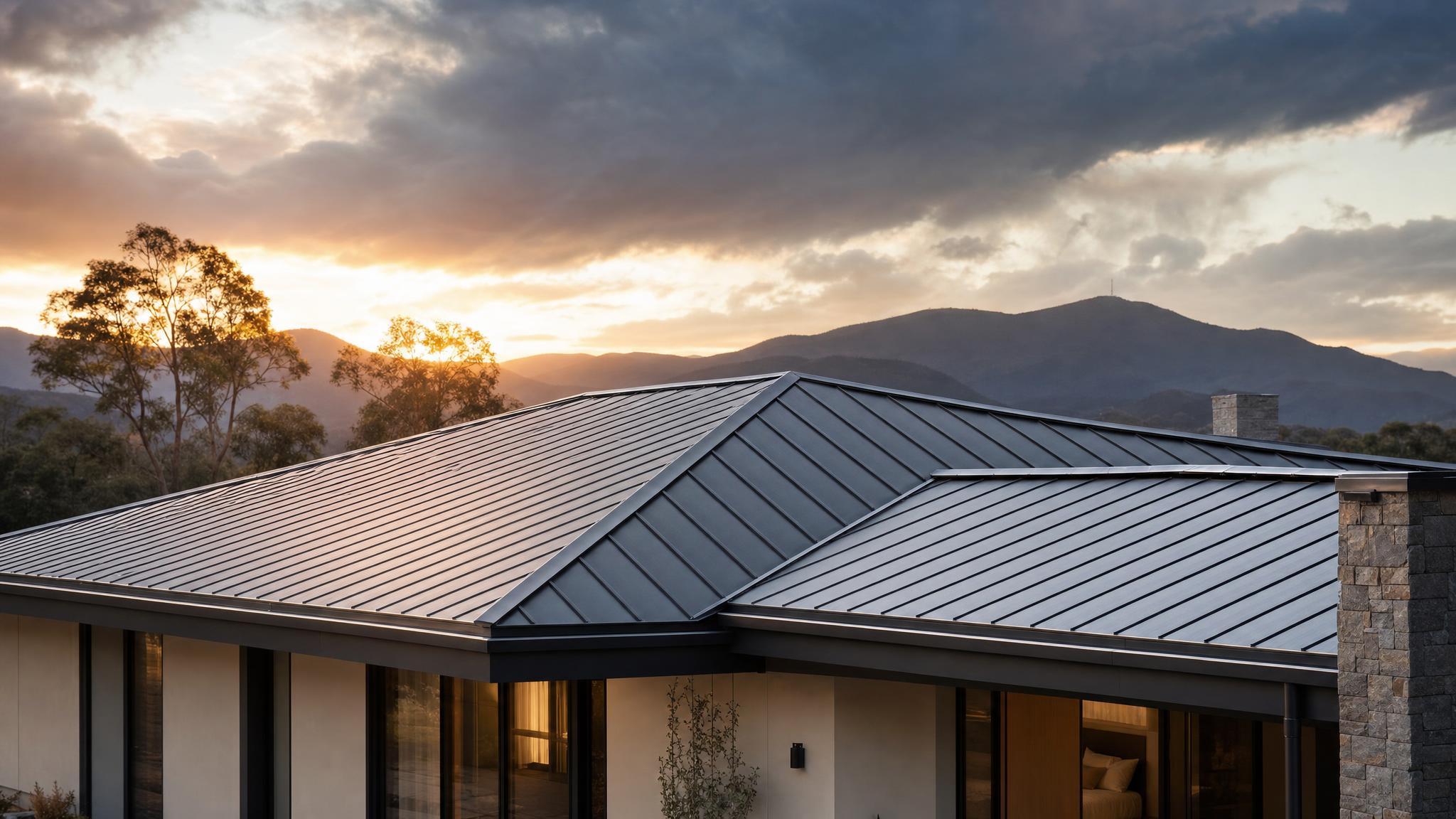 A Canberra home with a new charcoal Colorbond roof at dusk