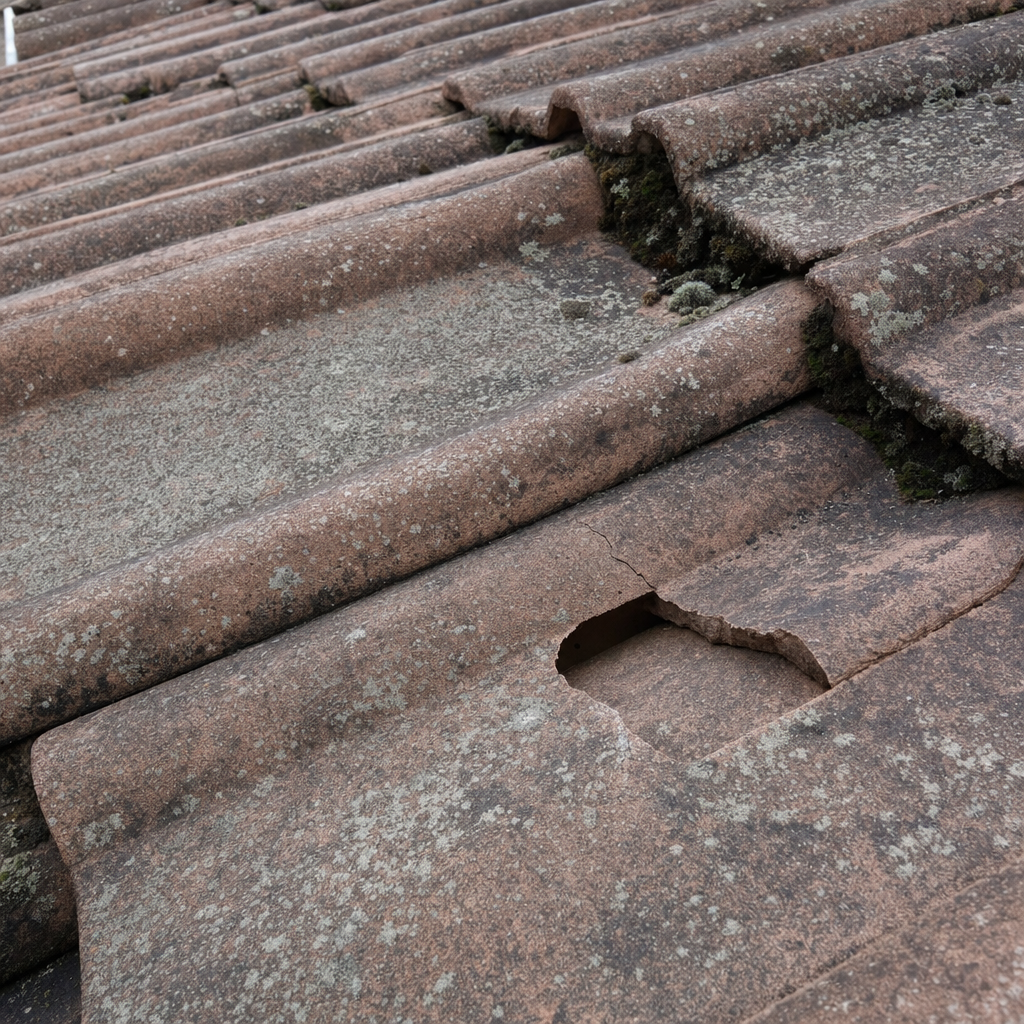 Old cracked, moss-covered concrete tile roof